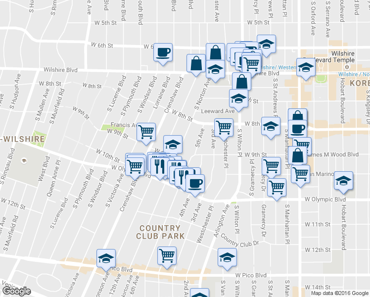 map of restaurants, bars, coffee shops, grocery stores, and more near 875 5th Avenue in Los Angeles