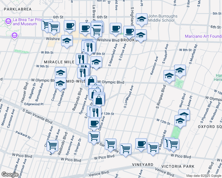 map of restaurants, bars, coffee shops, grocery stores, and more near 1032 South Citrus Avenue in Los Angeles