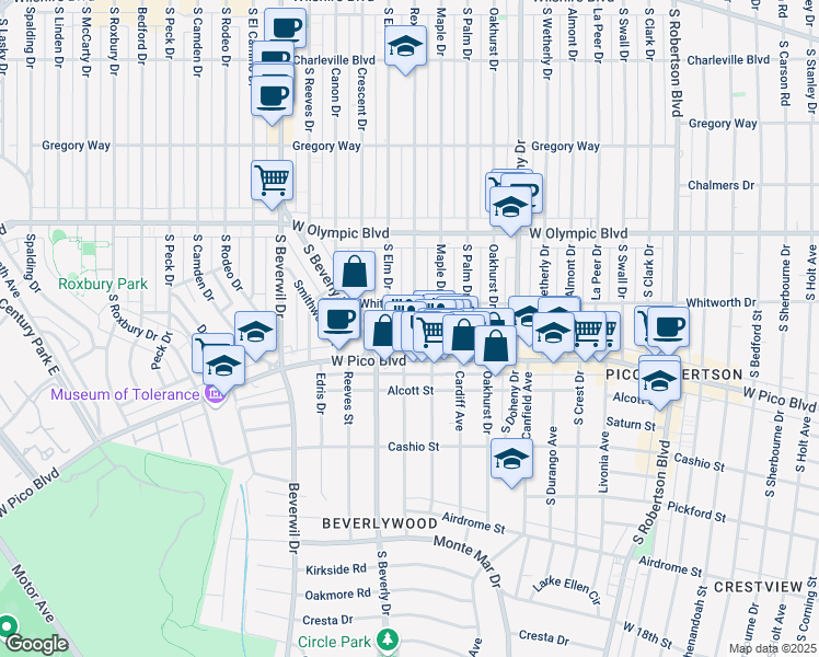 map of restaurants, bars, coffee shops, grocery stores, and more near 1140 Rexford Drive in Los Angeles