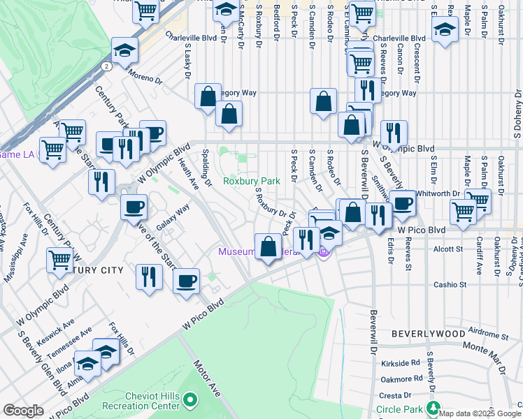 map of restaurants, bars, coffee shops, grocery stores, and more near 1214 Beverly Green Drive in Los Angeles