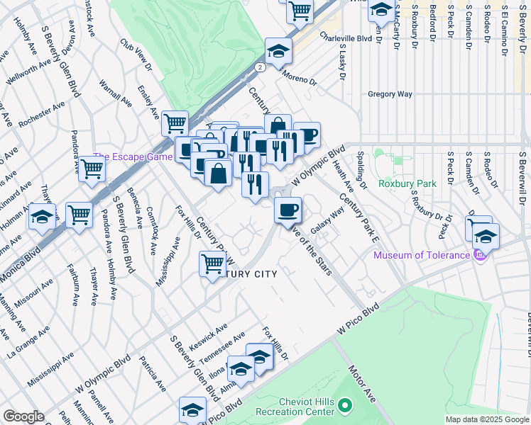 map of restaurants, bars, coffee shops, grocery stores, and more near 1 West Century Drive in Los Angeles