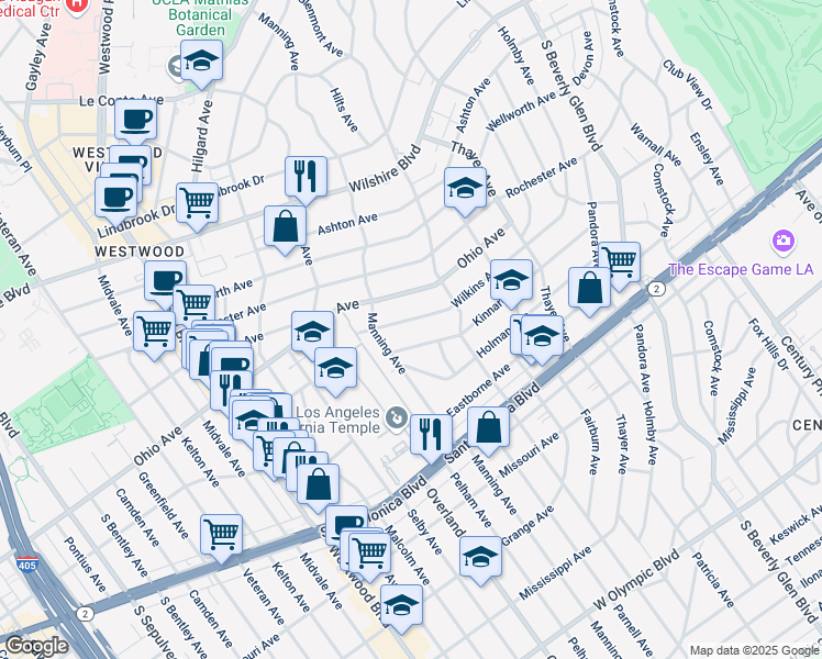 map of restaurants, bars, coffee shops, grocery stores, and more near 1568 Manning Avenue in Los Angeles