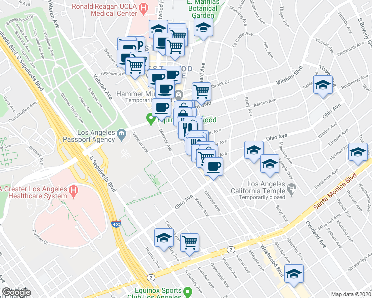 map of restaurants, bars, coffee shops, grocery stores, and more near 10911 Rochester Avenue in Los Angeles