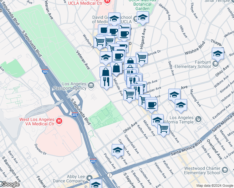 map of restaurants, bars, coffee shops, grocery stores, and more near 10957 Rochester Avenue in Los Angeles