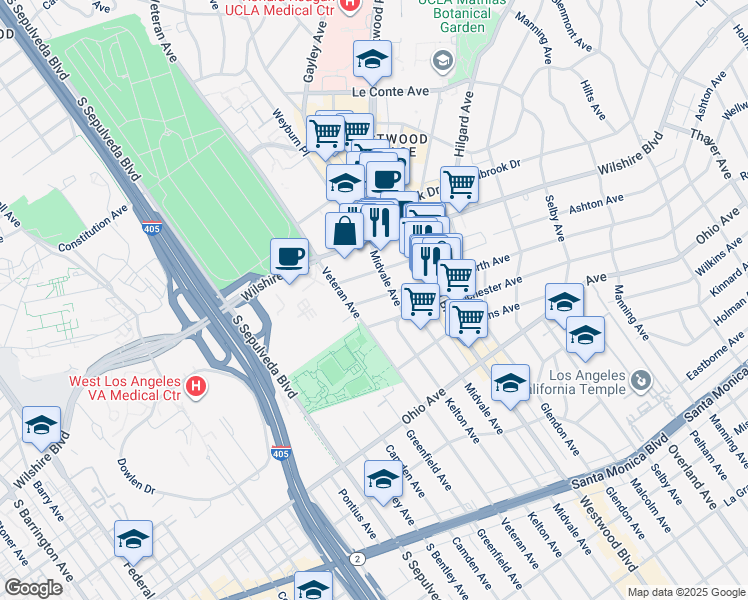 map of restaurants, bars, coffee shops, grocery stores, and more near 10996 Wellworth Avenue in Los Angeles