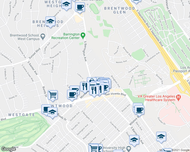 map of restaurants, bars, coffee shops, grocery stores, and more near 708 South Barrington Avenue in Los Angeles