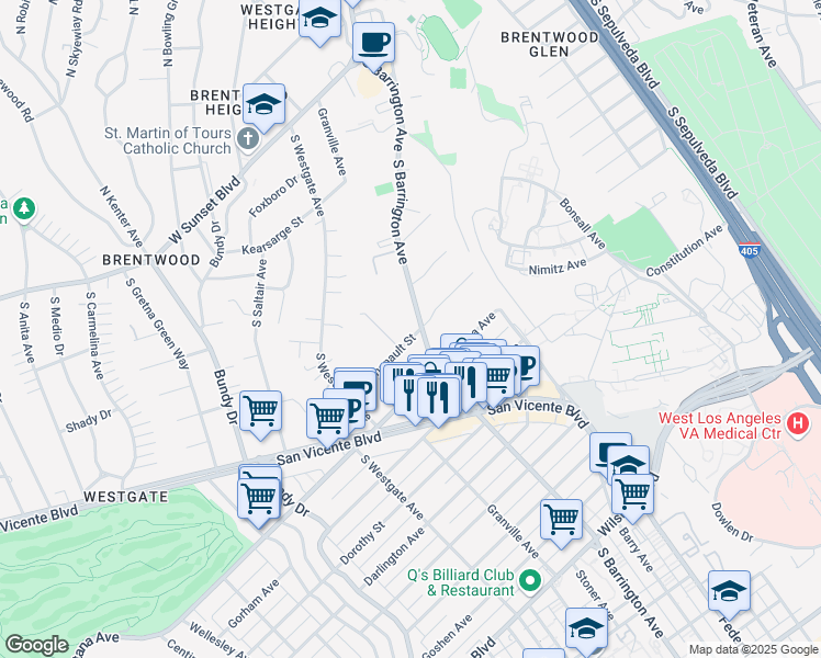 map of restaurants, bars, coffee shops, grocery stores, and more near 11721 Chenault Street in Los Angeles