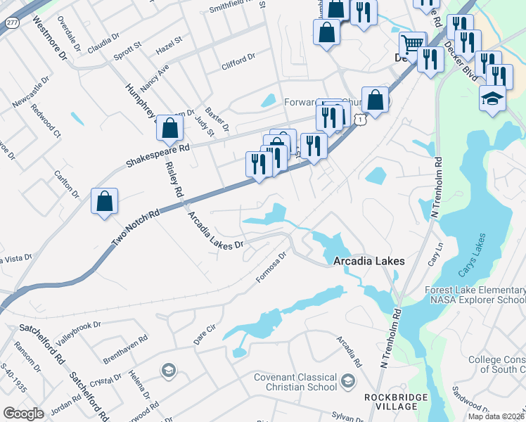 map of restaurants, bars, coffee shops, grocery stores, and more near 281 Branch Hill Lane in Columbia