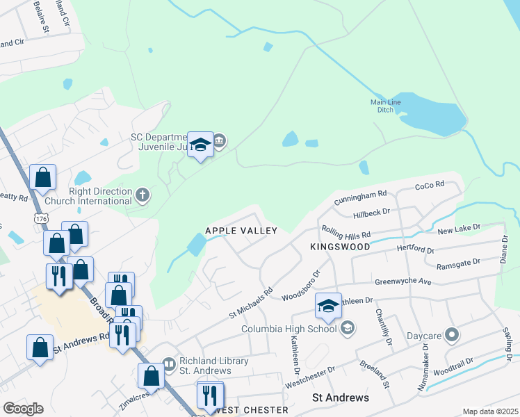 map of restaurants, bars, coffee shops, grocery stores, and more near 2134 Apple Valley Road in Columbia