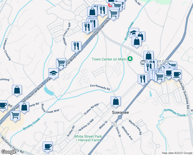 map of restaurants, bars, coffee shops, grocery stores, and more near 640 Stonepark Lane in Suwanee