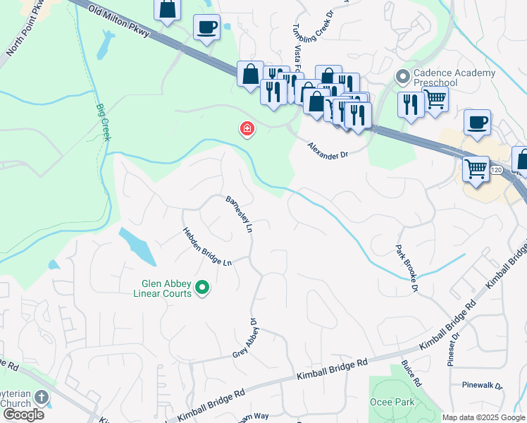 map of restaurants, bars, coffee shops, grocery stores, and more near 240 Harrogate Way in Alpharetta
