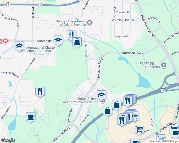 map of restaurants, bars, coffee shops, grocery stores, and more near 11266 Musette Circle in Alpharetta