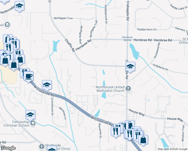 map of restaurants, bars, coffee shops, grocery stores, and more near 2001 Caladium Way in Roswell