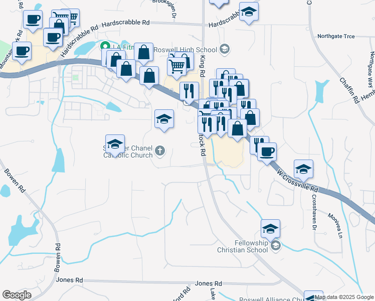 map of restaurants, bars, coffee shops, grocery stores, and more near 11350 Woodstock Road in Roswell