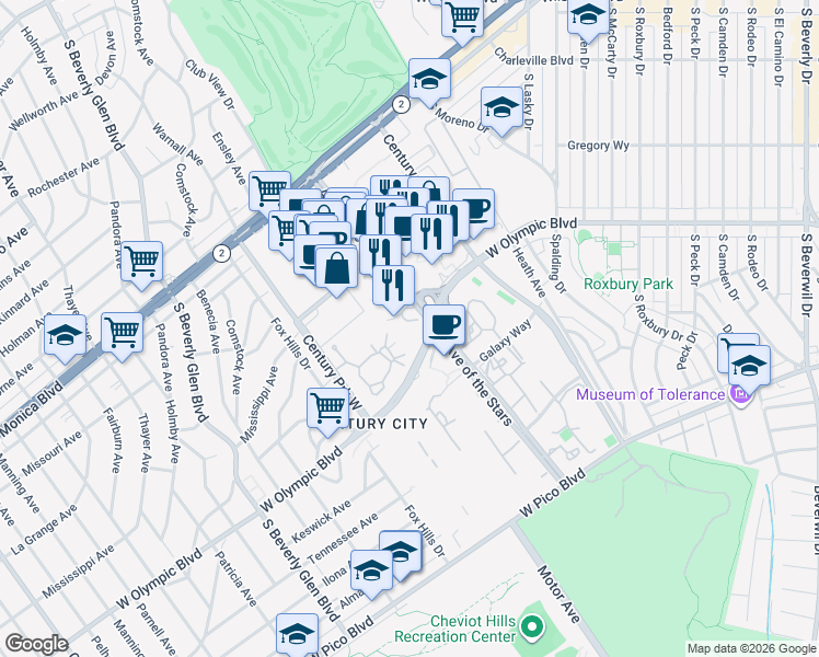 map of restaurants, bars, coffee shops, grocery stores, and more near 1 West Century Drive in Los Angeles