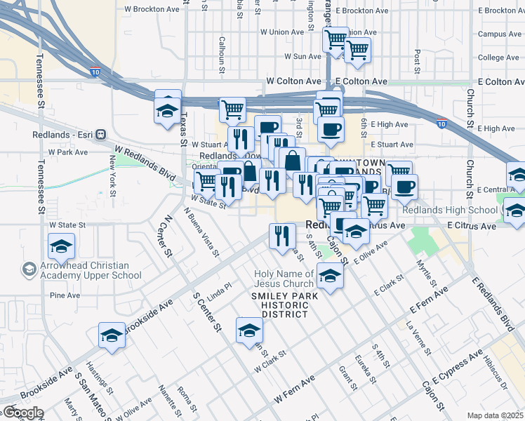 map of restaurants, bars, coffee shops, grocery stores, and more near 321 West State Street in Redlands