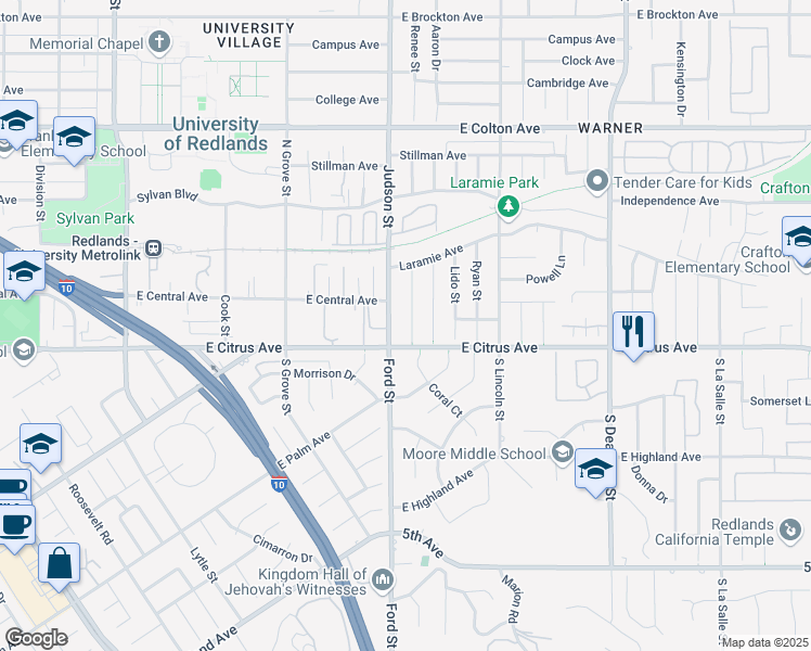 map of restaurants, bars, coffee shops, grocery stores, and more near Georgia Street in Redlands