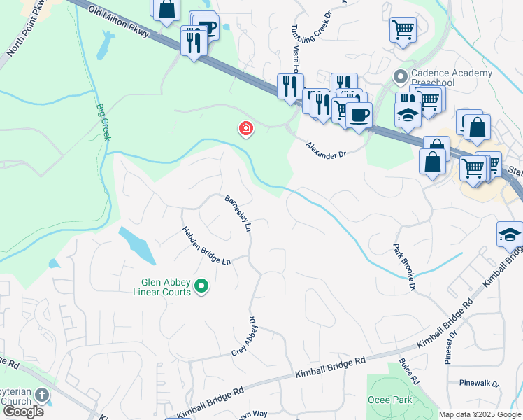 map of restaurants, bars, coffee shops, grocery stores, and more near 240 Harrogate Way in Alpharetta