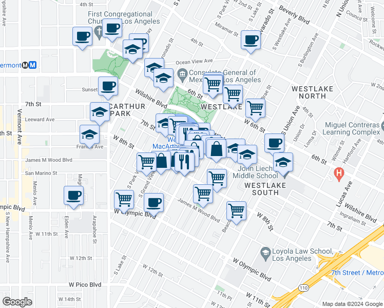 map of restaurants, bars, coffee shops, grocery stores, and more near 730 South Lake Street in Los Angeles