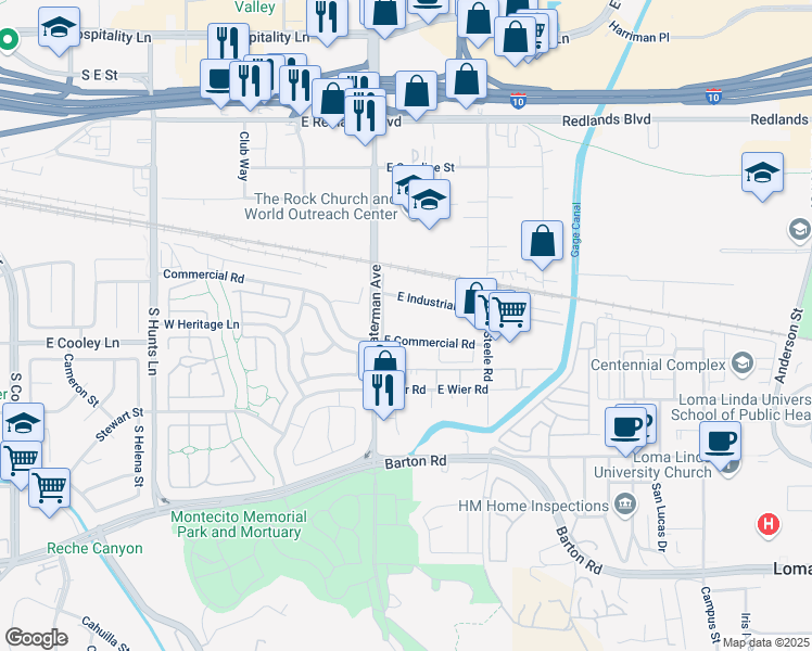 map of restaurants, bars, coffee shops, grocery stores, and more near 350 Commercial Road in San Bernardino
