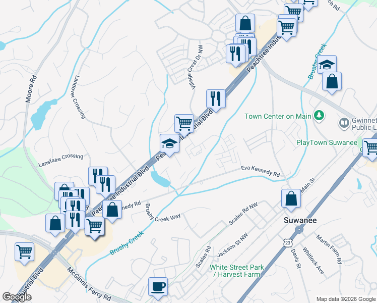 map of restaurants, bars, coffee shops, grocery stores, and more near 701 Eva Kennedy Road in Suwanee