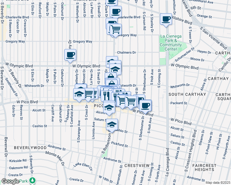 map of restaurants, bars, coffee shops, grocery stores, and more near 1137 South Wooster Street in Los Angeles