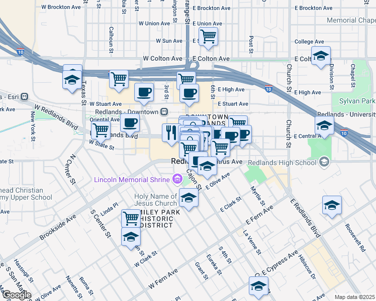map of restaurants, bars, coffee shops, grocery stores, and more near in Redlands