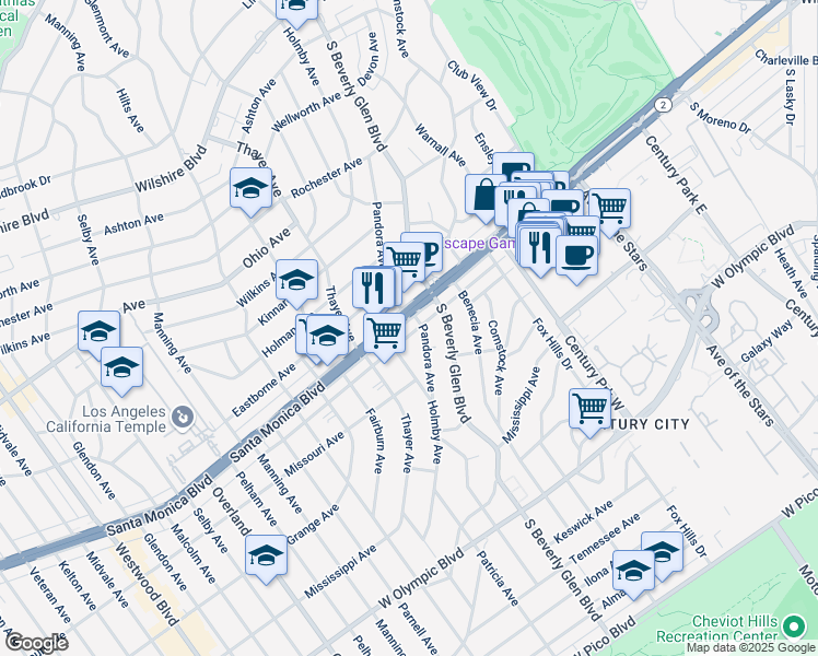 map of restaurants, bars, coffee shops, grocery stores, and more near 10438 Santa Monica Boulevard in Los Angeles