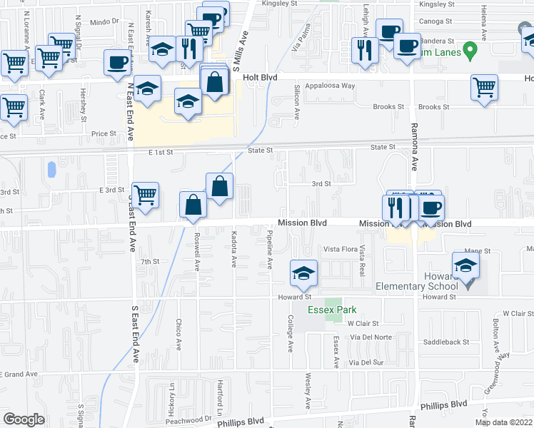 map of restaurants, bars, coffee shops, grocery stores, and more near 4096 East Mission Boulevard in Montclair