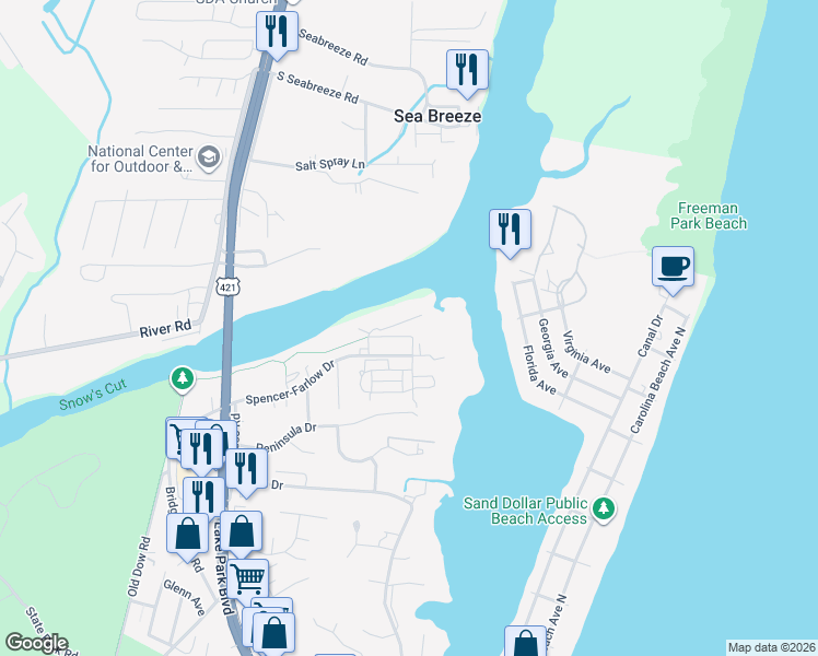 map of restaurants, bars, coffee shops, grocery stores, and more near 107 Spencer-Farlow Drive in Carolina Beach
