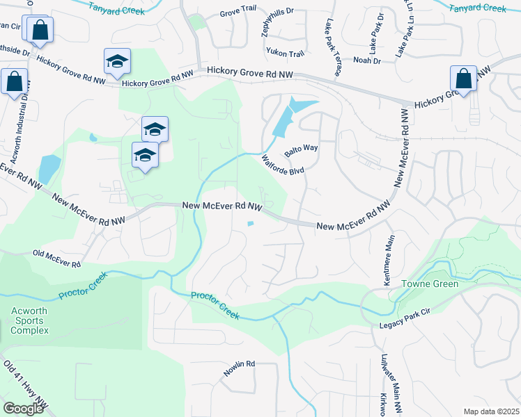 map of restaurants, bars, coffee shops, grocery stores, and more near 3311 New McEver Road Northwest in Acworth