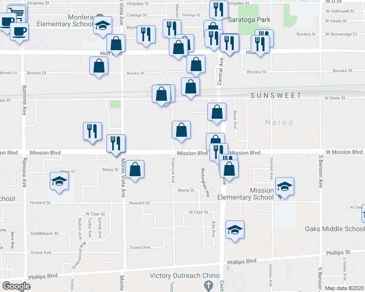 map of restaurants, bars, coffee shops, grocery stores, and more near 5138 Mission Boulevard in Montclair