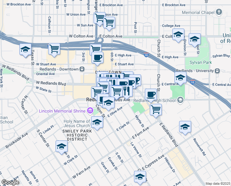 map of restaurants, bars, coffee shops, grocery stores, and more near 218 E State St in Redlands