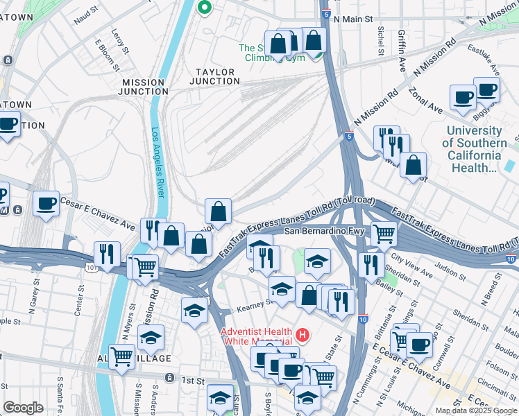 map of restaurants, bars, coffee shops, grocery stores, and more near 742 North Mission Road in Los Angeles