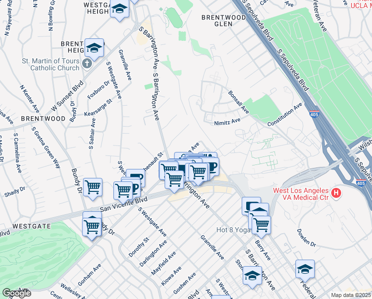 map of restaurants, bars, coffee shops, grocery stores, and more near 11645 Montana Avenue in Los Angeles