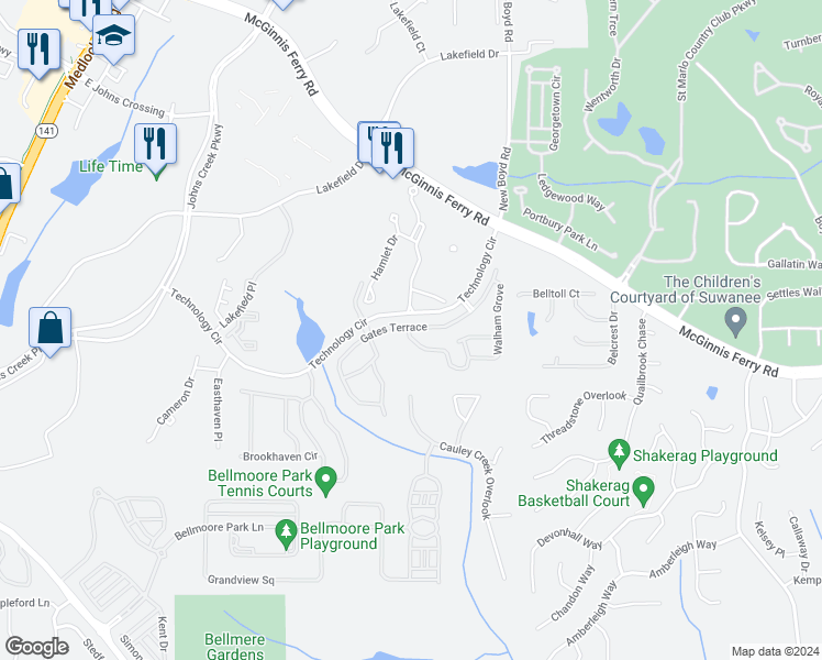 map of restaurants, bars, coffee shops, grocery stores, and more near 11298 Gates Terrace in Duluth