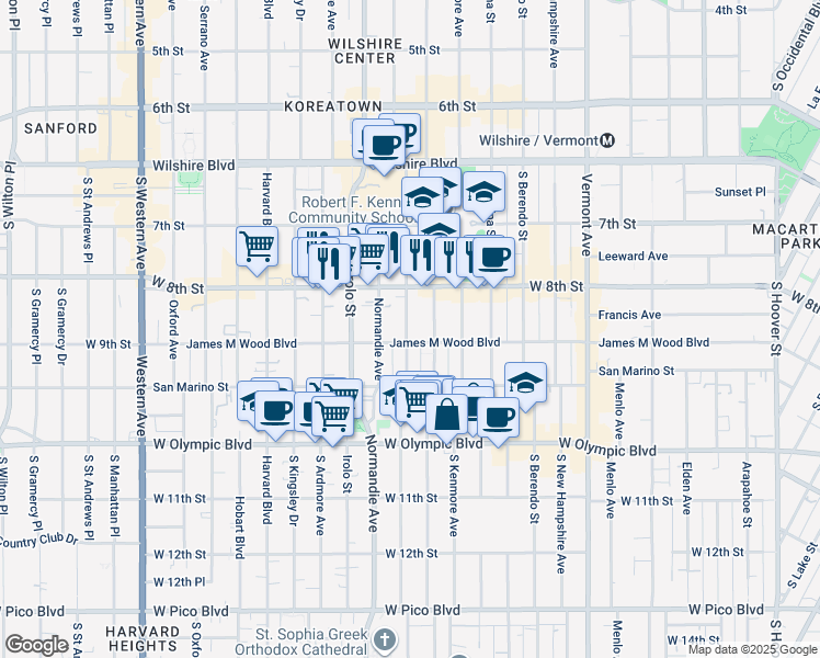 map of restaurants, bars, coffee shops, grocery stores, and more near 846 South Mariposa Avenue in Los Angeles