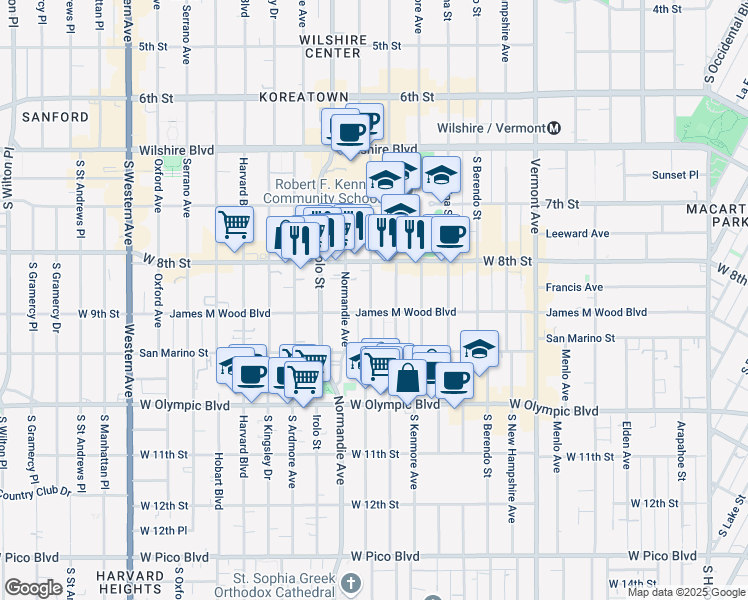 map of restaurants, bars, coffee shops, grocery stores, and more near 846 South Mariposa Avenue in Los Angeles