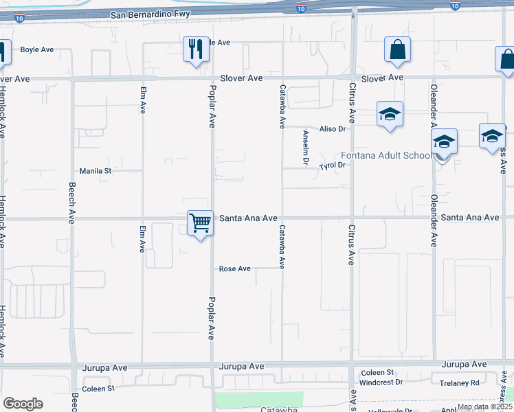 map of restaurants, bars, coffee shops, grocery stores, and more near 15816 Santa Ana Avenue in Fontana