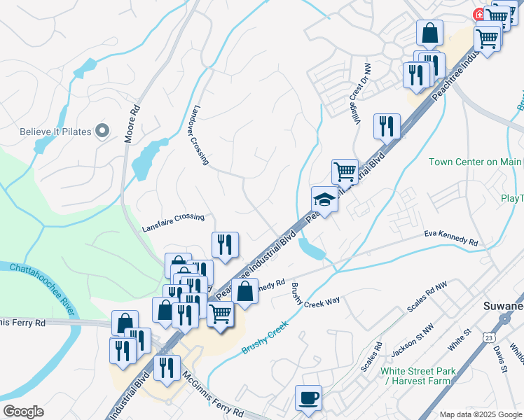 map of restaurants, bars, coffee shops, grocery stores, and more near 840 Yosemite Drive Northwest in Suwanee