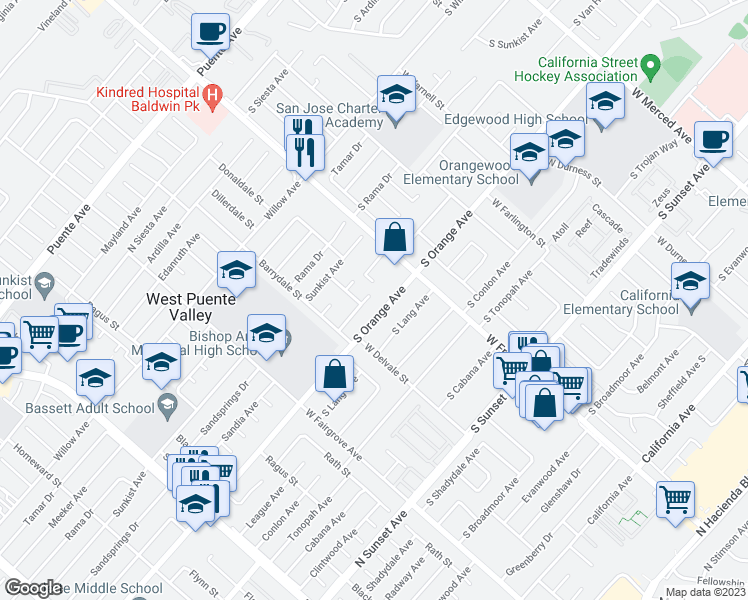 map of restaurants, bars, coffee shops, grocery stores, and more near 1458 Sandia Avenue in La Puente
