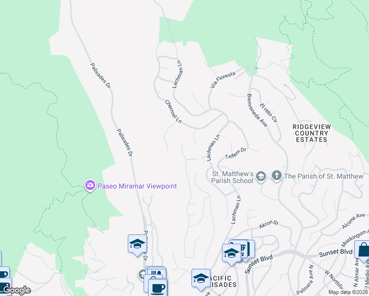 map of restaurants, bars, coffee shops, grocery stores, and more near 1046 Enchanted Way in Los Angeles