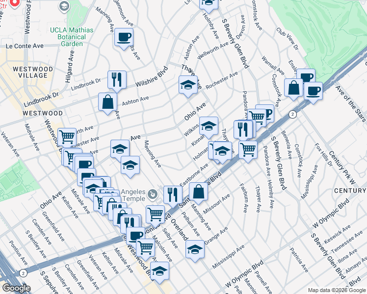 map of restaurants, bars, coffee shops, grocery stores, and more near 10598 Kinnard Avenue in Los Angeles