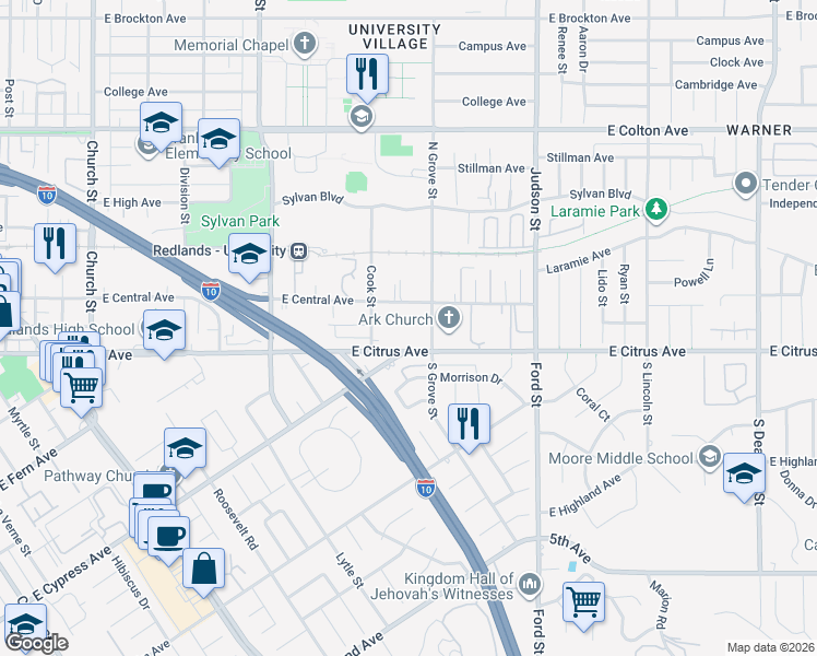 map of restaurants, bars, coffee shops, grocery stores, and more near 1255 East Citrus Avenue in Redlands