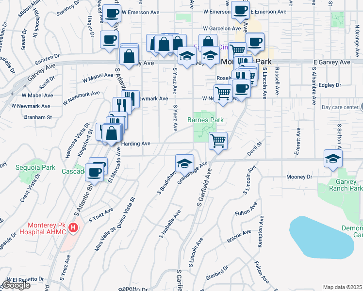 map of restaurants, bars, coffee shops, grocery stores, and more near 424 Harding Avenue in Monterey Park