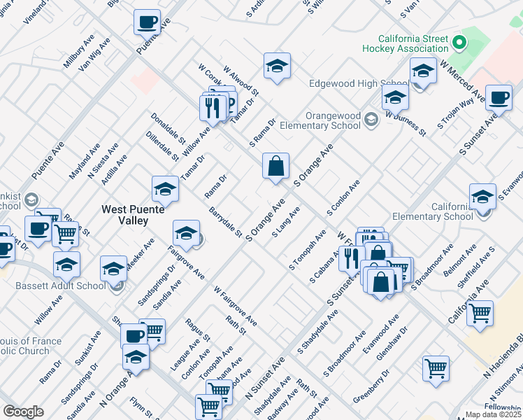 map of restaurants, bars, coffee shops, grocery stores, and more near 1458 Sandia Avenue in La Puente