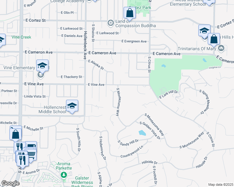 map of restaurants, bars, coffee shops, grocery stores, and more near 1011 South Montezuma Way in West Covina