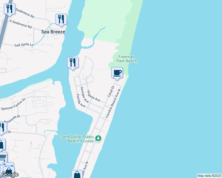 map of restaurants, bars, coffee shops, grocery stores, and more near 1702 Canal Drive in Carolina Beach