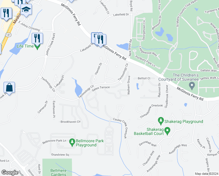 map of restaurants, bars, coffee shops, grocery stores, and more near 11337 Gates Terrace in Duluth