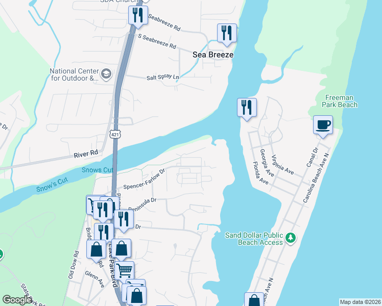 map of restaurants, bars, coffee shops, grocery stores, and more near 213 Annie Drive in Carolina Beach